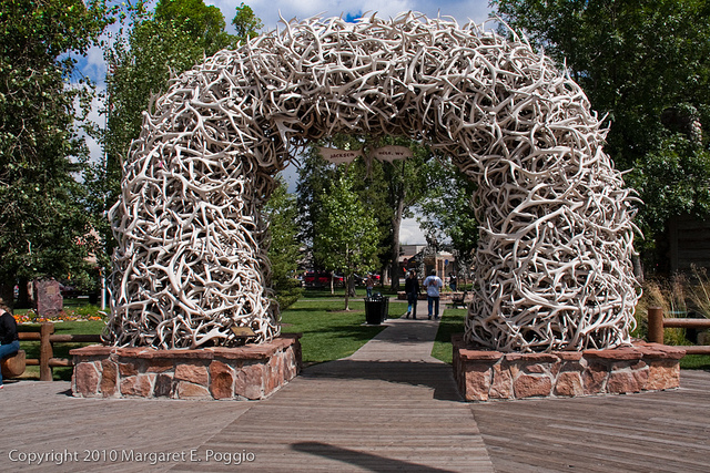 Elk antler arches adorn the four corners of the town square in Jackson, Wyoming.